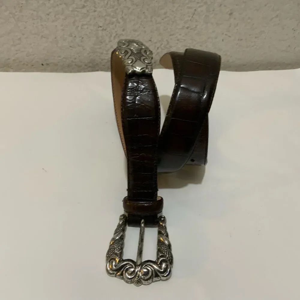Fossil ‘98 Embossed Leather Southwest Belt, Silver Buckle, Brown, Conchos size M